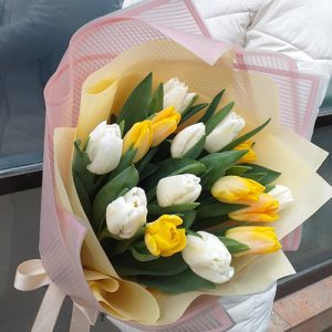 15 бело-жёлтых тюльпанов